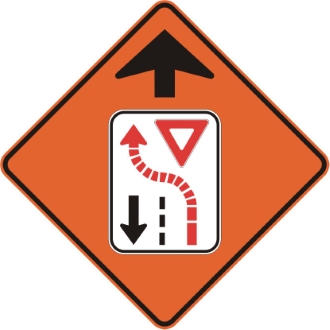 Signal avancé de cédez le passage à la circulation venant en sens inverse